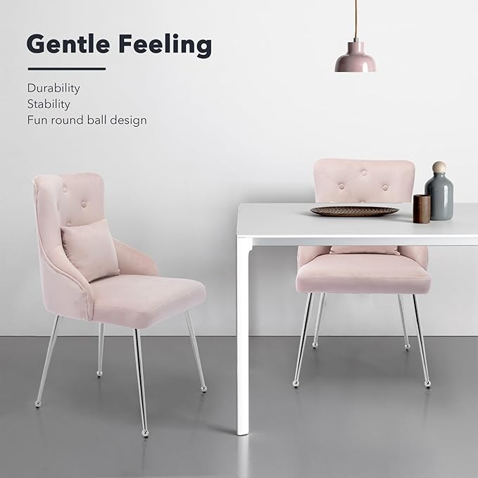 Velvet Vanity Dining Chairs Set of 4 Upholstered Makeup Accent Reading Chair Office Desk Vanity Stool Chairs with Metal Legs for Kitchen Bedroom Living Room Pink