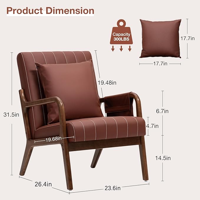 HOMMPA Mid-Century Modern Accent Chair Set of 2 Comfy Reading Armchair with Solid Wood Frame &amp Lumbar Pillow Upholstered Linen Lounge Chair with Side Pocket for Living Room BedroomBalcony (Bro