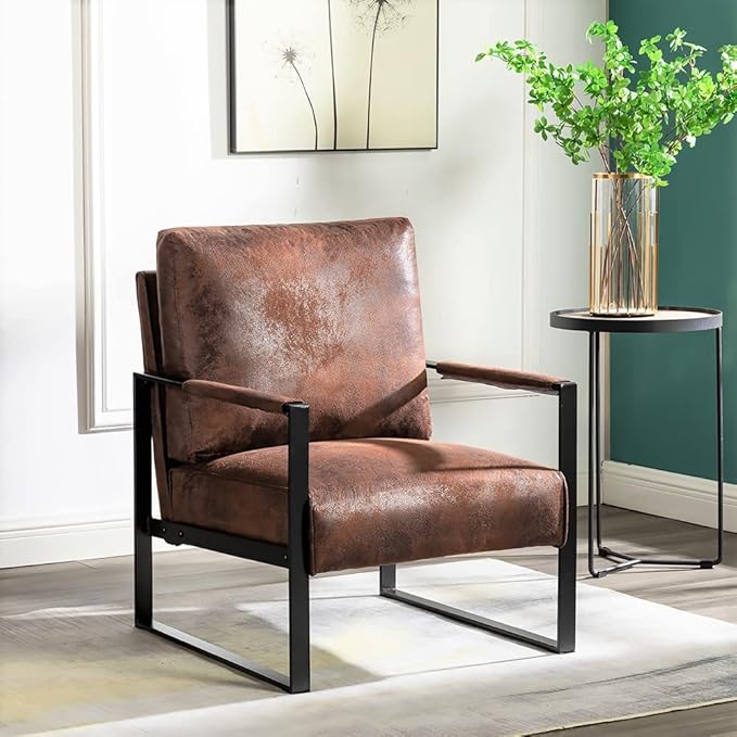 Classic Mid Century Modern Accent Chair with Square Metal e Armchair for Living Room Bedroom Home Office in Spotted Microfiber Upholstery Brown