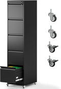 5 Drawer File Cabinet with Wheels Metal Mobile File Cabinet with Lock Rolling Filing Cabinet Home Office for Hanging File Folders Letter Size Legal Size A4 Size Require-Assembled Black
