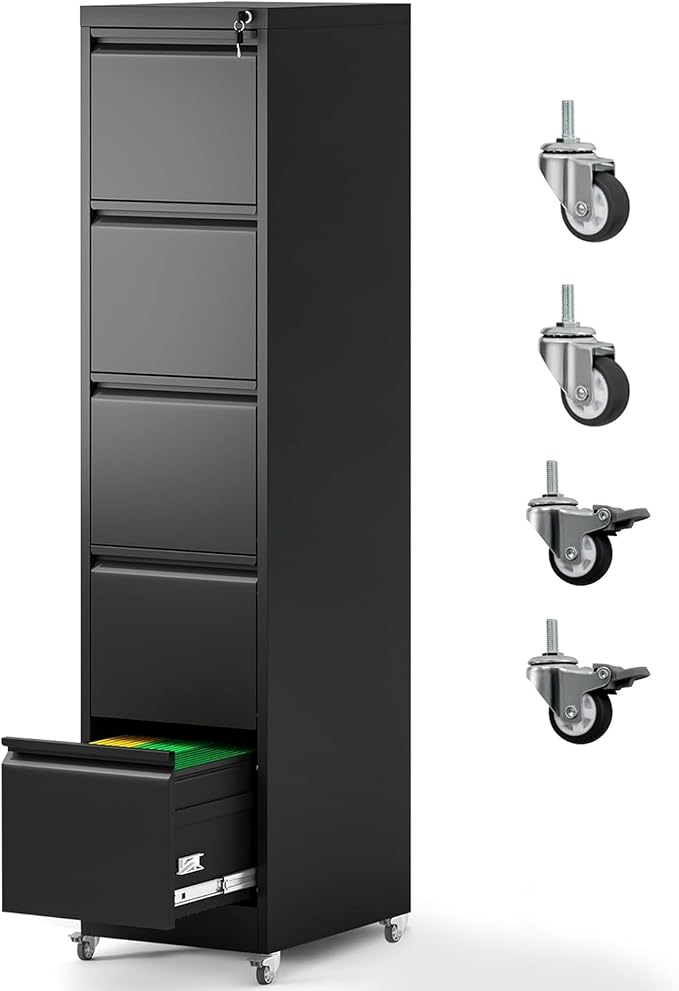 5 Drawer File Cabinet with Wheels Metal Mobile File Cabinet with Lock Rolling Filing Cabinet Home Office for Hanging File Folders Letter Size Legal Size A4 Size Require-Assembled Black