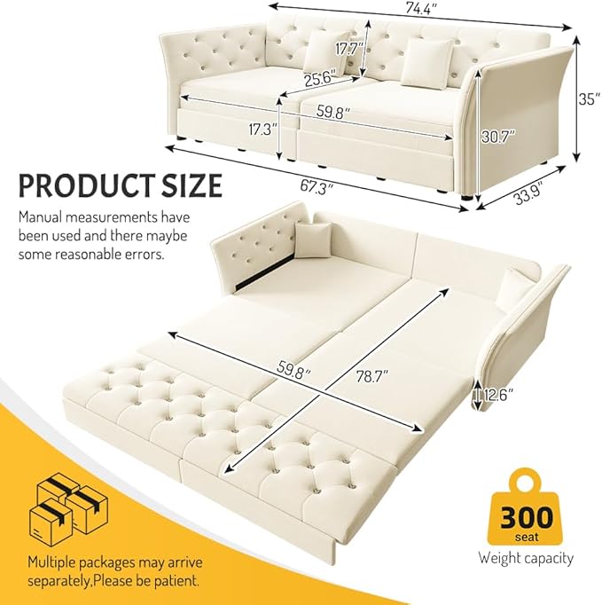 74.4'' Velvet Pull Out Sofa Bed Oversized Queen Sleeper Sofa with Handcrafted Floral Tufted Design 3-in-1 Convertible Sleeper Couch Tufted Deep Seat Couch for Living Room Apartment Beige