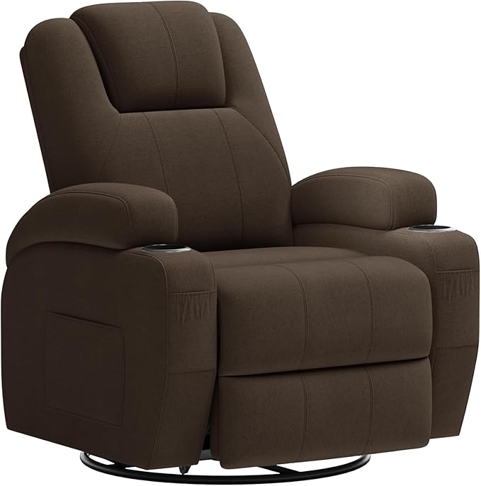 Flamaker Swivel Rocker Recliner Chair with Vibration Massage 360° Swivel Recliner Chairs for Adults Ergonomic Lounge Chair with Cup Holders Lazy Boy Recliner Single Sofa Seat (Fabric Brown)
