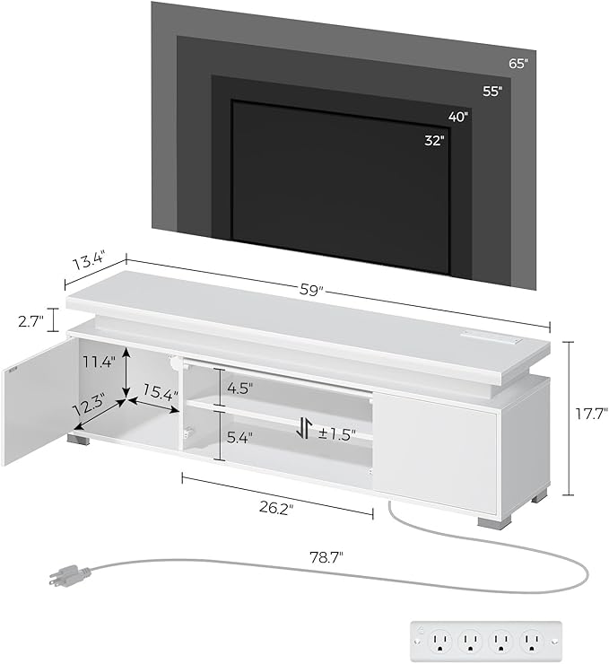 Rolanstar TV Stand with LED Lights &amp Power Outlet Modern Entertainment Center for 32/43/50/55/65 Inchs TVs Table Universal Gaming Media Stand Storage Cabinet and Large Storage White