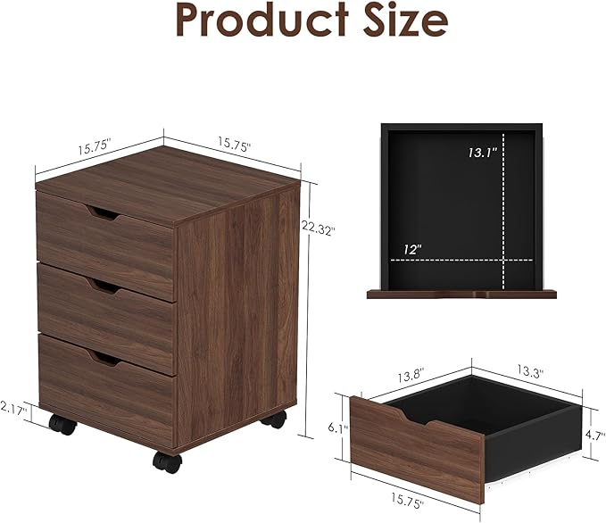 3-Drawer Mobile File Cabinet with Wheels Rolling Under Desk Wood Storage Cabinet Vertical Filing Organizer with Locking Casters for Home &amp Office (Non-AssembledBrown)