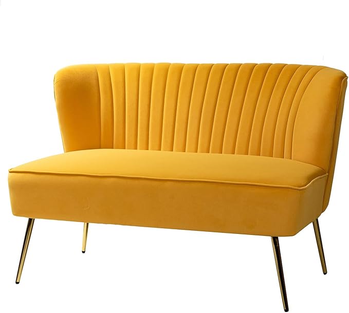HULALA HOME 3 Piece Velvet Living Room Furniture Set Modern Comfy Upholstered Chair Set with Golden Legs include Loveseat &amp 2 Accent Chairs for Bedroom MUSTARD Tufted 2-Seater Sofa &amp Armles