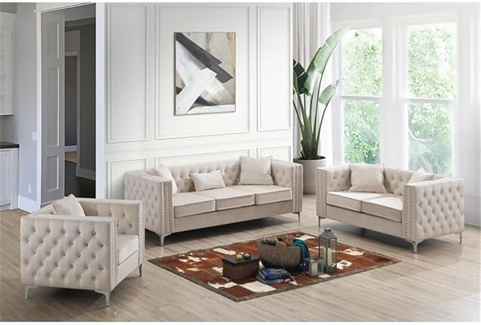 Glory Furniture Paige Velvet Sofa in Ivory
