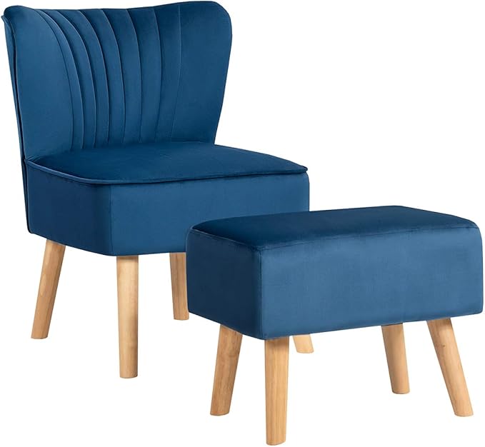 Giantex Velvet Accent Chair with Ottoman Modern Tufted Upholstered Chair with Footrest Firm Wood Legs Leisure Single Club Chair Set for Living Reading Room Bedroom (Blue)