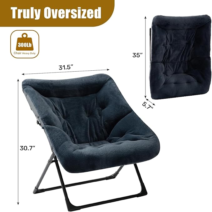 HollyHOME X-Large Saucer Chair Comfy Oversized Folding Chair Faux-Fur Reading Chair for Teens Adults Foldable Accent Lazy Chair Metal Frame Lounge Chair for Living Room Bedroom Dorm Navy Blue