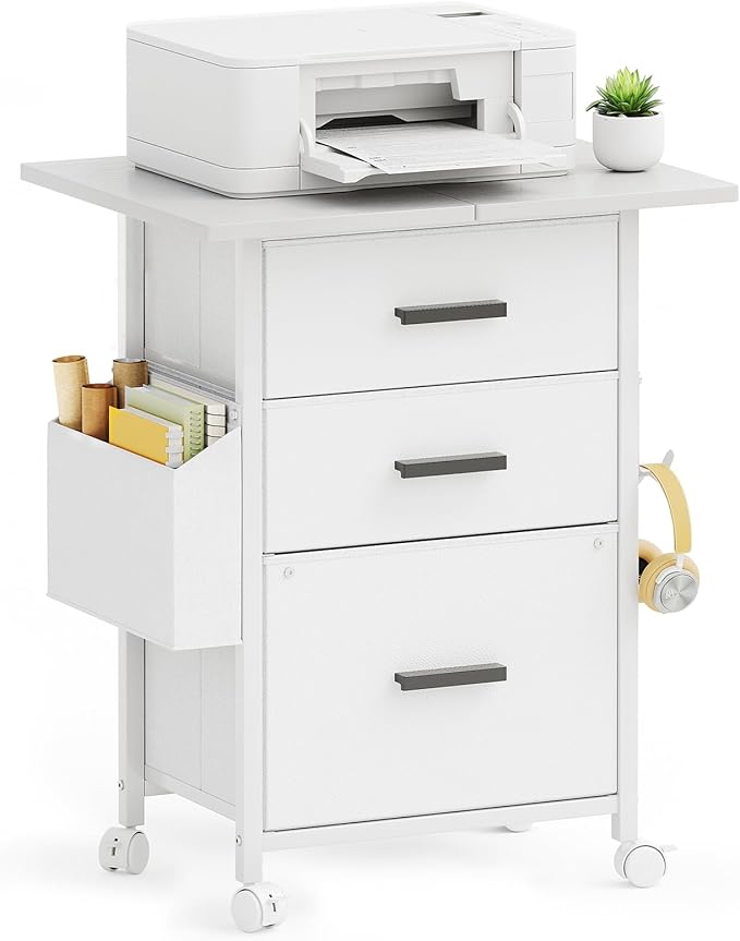 Mexin 3 Drawer File Cabinet with 24'' Extended Desktop Mobile Filing Cabinet Printer Stand Rolling Printer Stand with Side Bag Fabric Drawer Fits A4 Size Home Office White