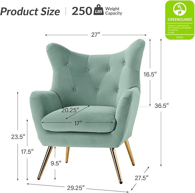 HULALA HOME Velvet Accent Chair Set of 2 Modern Wingback Arm Chair with Metal Gold Legs Velvet Tufted Upholstered Single Sofa(SAGE)