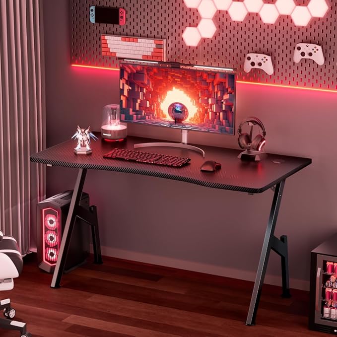 HLDIRECT 40 Inch Gaming Desk Small Computer Gaming Desk Table with Cable Management Ergonomic A Shape Modern Carbon Fiber Gamer Table Pc Workstation Home Office Desks for Small Space Black