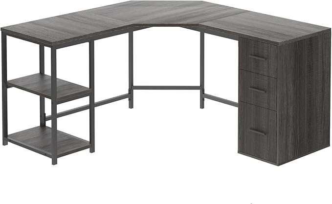 LVB 60 L Shape Home Office Desk with File Drawers Reversible Corner Table Workstation for Work Study Writing Gaming Large Wood Modern L-Shaped Computer Desk with Storage Cabinet Shelves Gray Oak