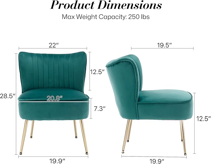 Velvet Accent Chair Set of 4 Comfy Upholstered Side Chair with Gold Metal Legs and Padded Seat Modern Small Corner Armless Living Room Chairs with Wing Back Dark Green