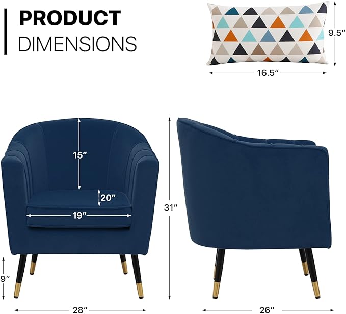 MoNiBloom Modern Accent Chair with Lumbar Pillow Mid-Century Modern Sude Single Sofa Arm Chair for Living Room Durable Upholstered Comfy Barrel Chair w/Gold Metal Legs and Wide Armrest Navy Blue
