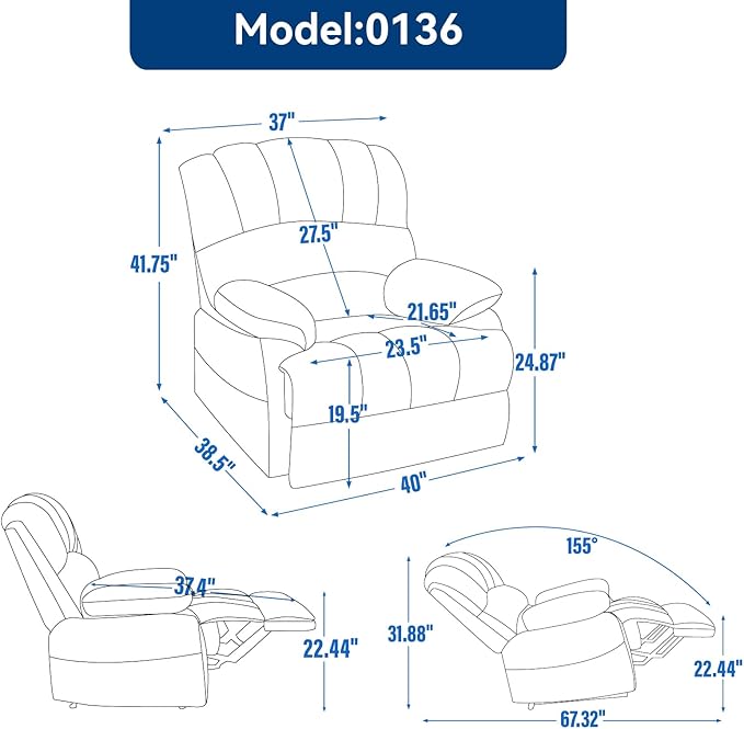 Large Manual Recliner Chair for Living Room Oversized Fabric Reclining Chair with Pillow Top Arms Cushion Back and Smooth Lever Control Heavy-Duty Metal Frame (Gray)