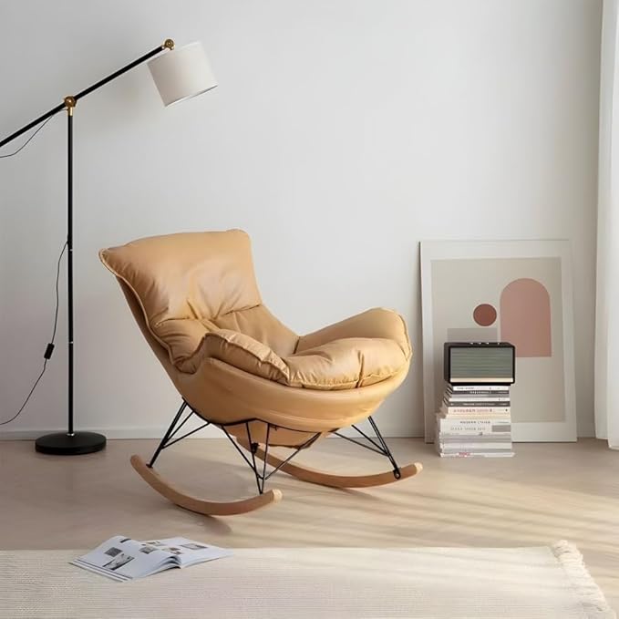 LITFAD Modern Rocking Chair Faux Leather Leisure Glider Chair Upholstered Rocking Seat Comfy Rest Reading Chair Water Resistant Nursery Chair for Living Room Bedroom Nursery-Yellow