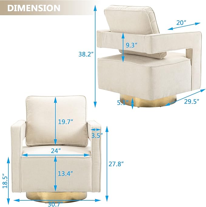 Betoko Swivel Accent Barrel ChairModern Open Back Armchair with Gold Metal BaseChenille Upholstered Club Chair with Pillow for Living Room (Beige)