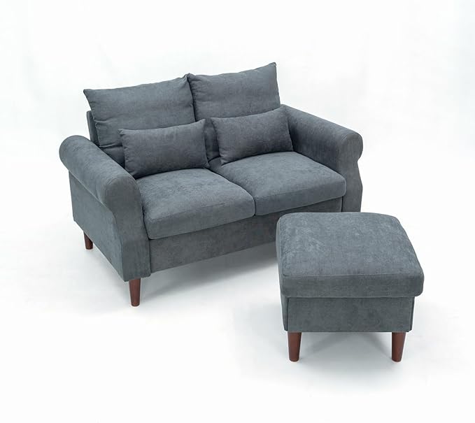 Panana Convertible Sectional Sofa CouchL-Shaped 2 or 3-Seat Sofa Sectional with Reversible Ottoman for Small Living Room Apartment (Gray Linen Fabric 2 Seater with Ottoman - Scroll arms)