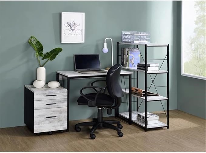 BOWERY HILL Wooden Writing Desk 35 W x 18 D x 28 H Antique White and Black Finish Rectangle Top with Metal Sled Base Rustic Industrial Style Home Office Workspace Furniture