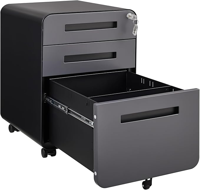 3 Drawer Small File Cabinet with Lock Under Desk Locking Storage Cabinet Organizer for Home Office Mobile Filing Cabinets with 5-Wheel DesignDarkgrey