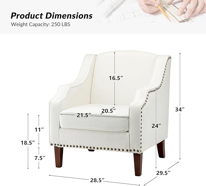 HULALA Home Accent Chair with Swoop Arms Upholstered Armchair with Removable Cushion &amp Solid Wood Legs Nailhead Trim Single Sofa Chair Reading Chair for Living RoomLounge Room Ivory
