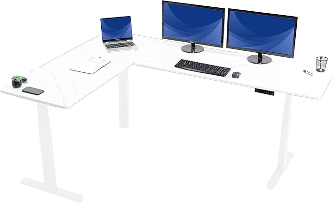 VIVO Electric Height Adjustable 83 x 60 inch Corner Stand Up Desk 2 White Marble Dry Erase Solid Table Tops White Frame Memory Controller L-Shaped Workstation 3E Series DESK-KIT-3E8WWM