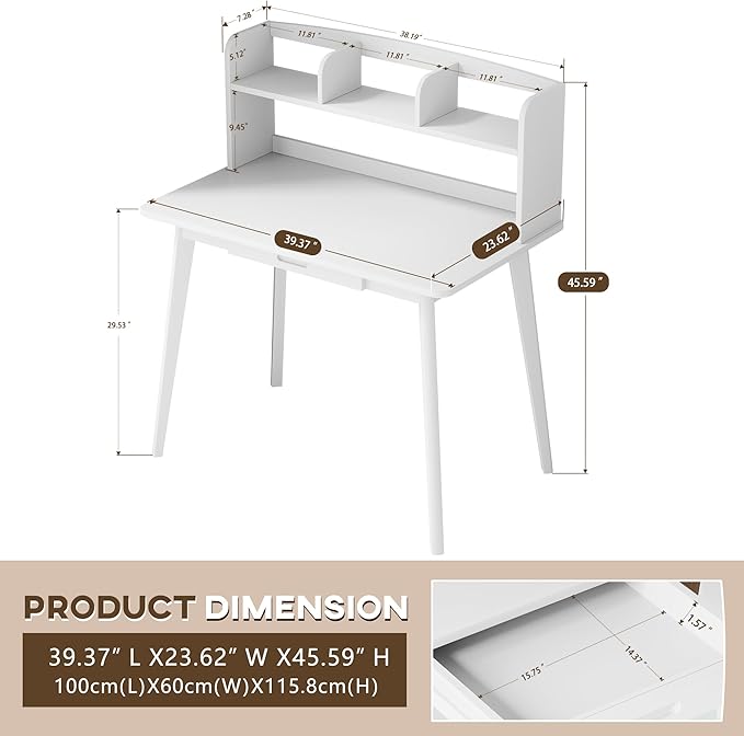 IOTXY Small Writing Desk with Hutch - 39.4 Work Computer Study Table with Drawer for Home and Office White