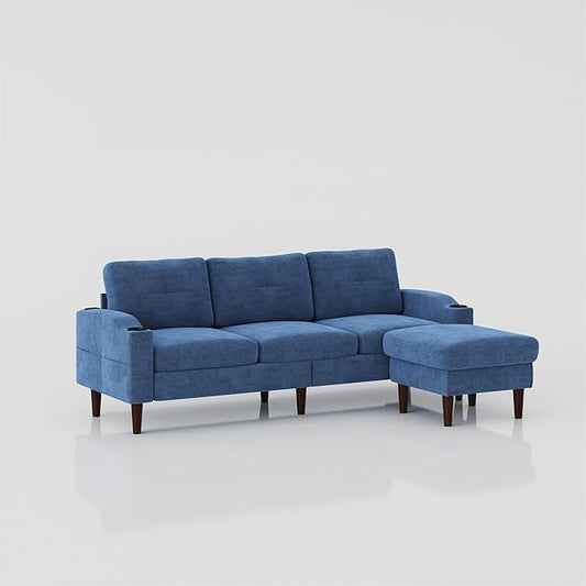 L Shaped Sectional Sofa with Storage Footstools USB Port Cup Holder Convertible Sofa for Living Room Office Bedroom Navy Blue