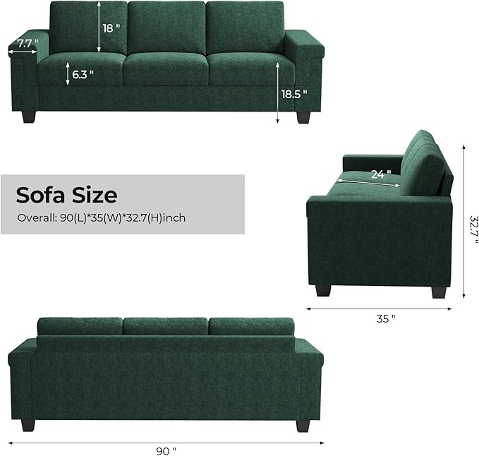 3 Seater Sofa Couch with Deep Seat 90 Modern Upholstered Sofa with Armrests Easy Installation Comfy Couches for Living Room Apartment Green