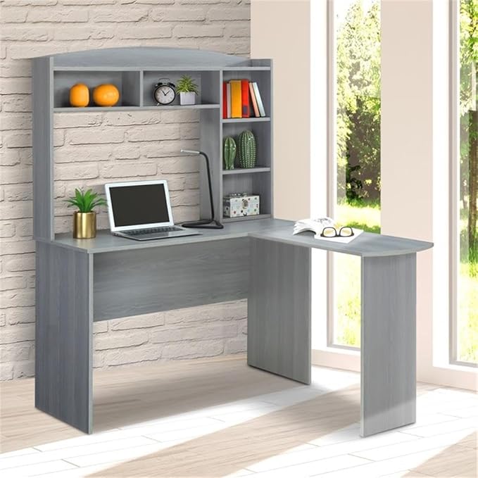 Pemberly Row Modern L-Shaped Engineered Wood Computer Desk with Hutch Gray Finish 5-Shelf Design 60.25 in x 47.25 in x 49.25 in Corner Office or Home Office Desk with Storage