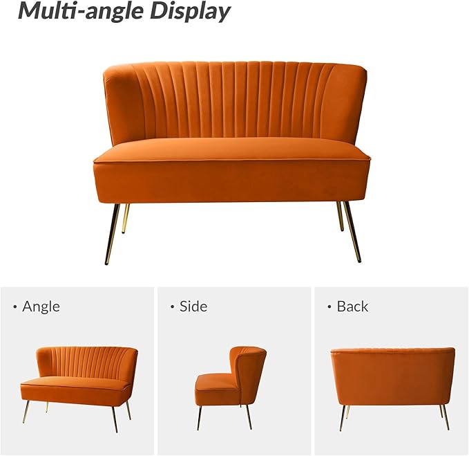 HULALA HOME Velvet Loveseat Sofa with Gold Legs Mid-Century Modern Upholstered Love seat Couch Tufted Small 2-Seat Sofa Armless for Living Room Bedroom Apartment Small Spaces Orange