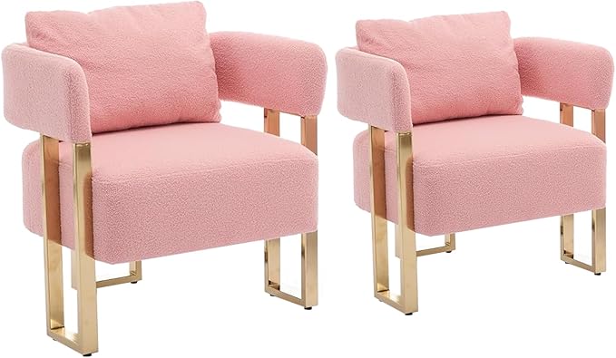 YITAI Modern Accent Chairs no Wheels Living Room Side Chairs Set of 2 with Golden Metal Legs Barrel Soft Teddyt Upholstered Reading Armchairs for OfficeStudyReception RoomBedroomLoungePink