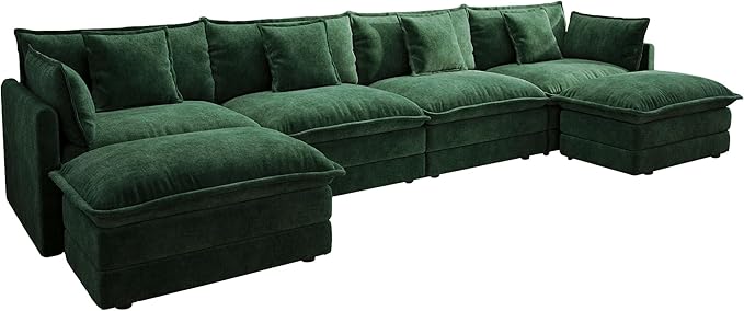 Sectional Sofa 4 Seater with Movable 2 OttomansOversized Modular Couch Deep Seat (Green 146.5 inch-U)