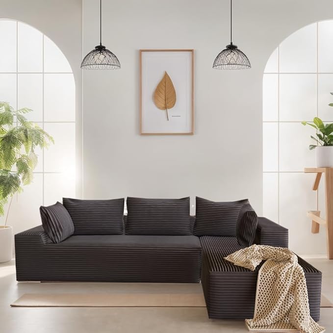 104” Cloud Sectional Couch with L-Shape Chaise Convertible Sofa with Deep Seat Modern Oversized Fluffy Couch with Sleeper Chaise Corduroy Sofas Bed Minimalist Sofa Couches(Black)