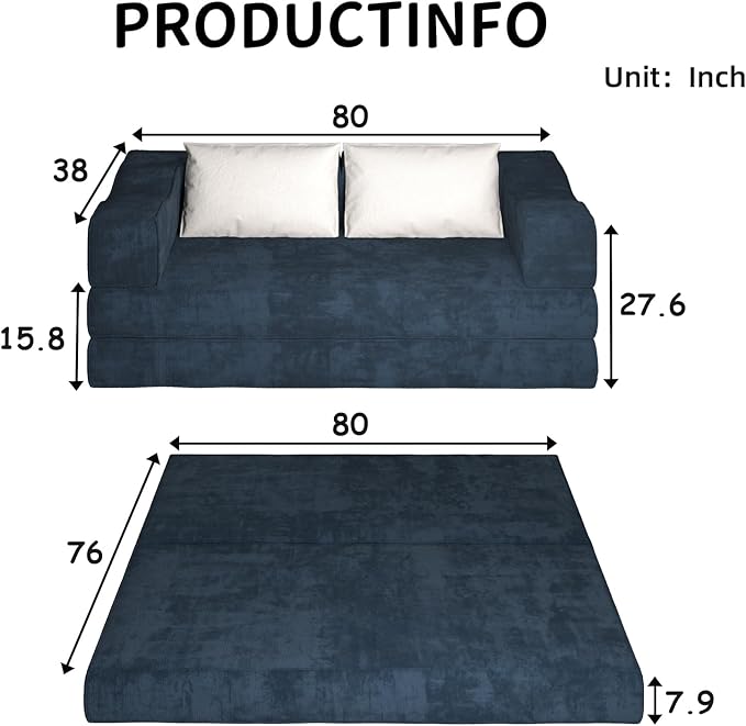 80 Convertible Sofa Bed Sleeper King Size Foldable Futon Couch with Memory Foam &amp 2 Pillows Chenille Fabric Modular Loveseat for Small Spaces Apartment Living Room Studio (Blue 80in)