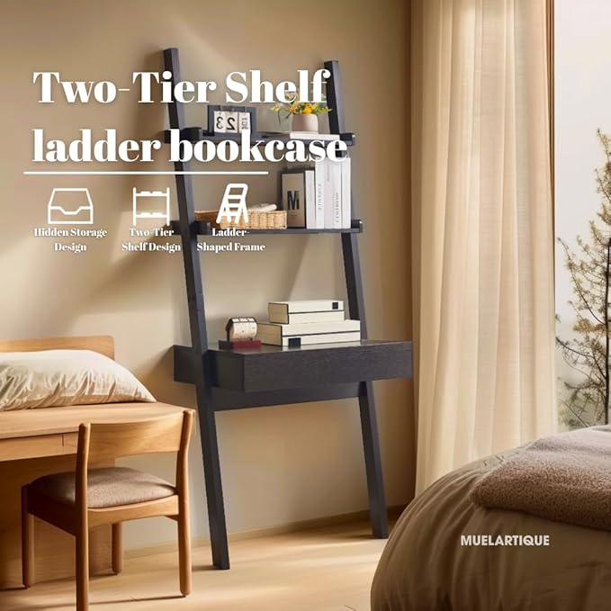 Ladder Desk with Drawer and Shelves Modern Home Office Desk with Bookcase Design Compact Writing Table Workspace for Small Spaces Handleless Design