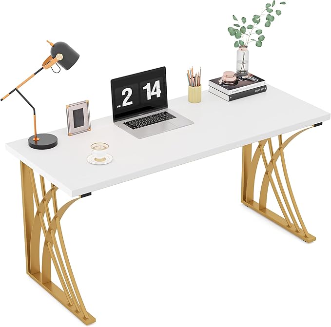 LITTLE TREE 55’’ Large Modern Computer Desk White &amp Gold Luxury Laptop PC Student Table Makeup Vanity Table with Thick Frame &amp Strong Legs Sturdy Writing Workstation for Home &amp Office