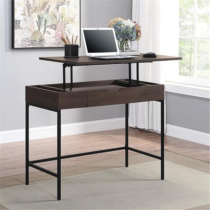 Pemberly Row Contemporary Sit-to-Stand Desk 40 W x 20 D x 31 H Ozark Ash Engineered Wood Adjustable Height Patent Pending Lift Mechanism Drawer and Storage Modern Steel Frame Home Office