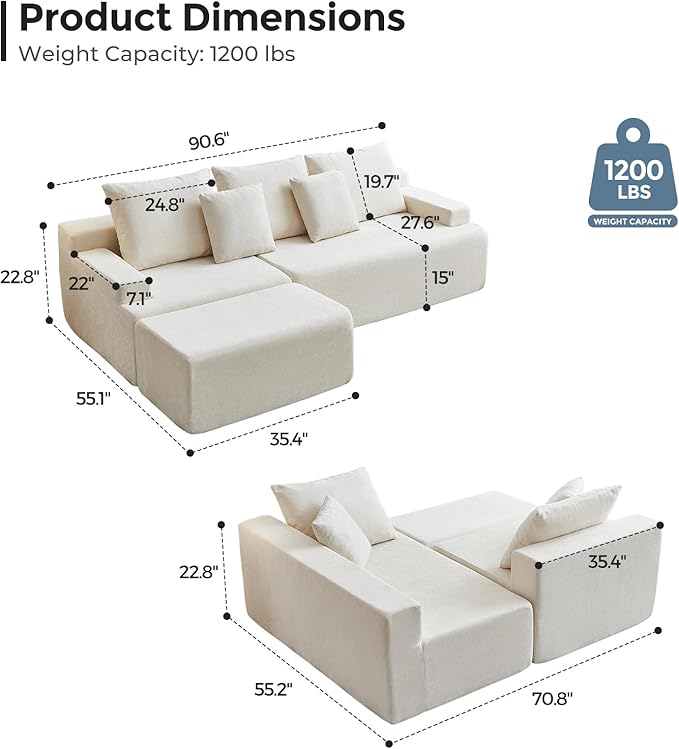 Boneless Couch L Shaped Cloud Couches for Living Room Comfy Fluffy Modular Sectional Sofa Deep Seat Memory Foam Lounger with Left Facing Chaise Free Combination Beige