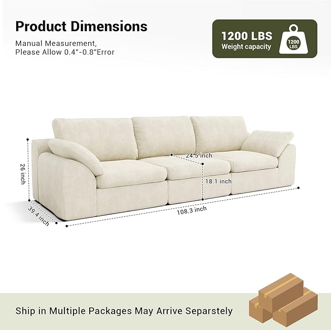 108.3 Cloud Sectional Couch Comfy 3 Seater Boneless Couch No Assembly Required Couches for Living Room Deep Seat Modular Sectional Sofa (Plush Cream White)