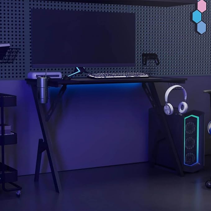 Ergonomic Gaming Desk Black Engineered Wood Sturdy Iron Frame Computer Table 43.3 x 43.3 x 29.5 Inch for Home Office PC Gamer Setup Cup Holder &amp Headphone Hook.