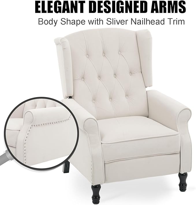 Velvet Accent Chair Push Back Recliner Chair Wingback Arm Chair for Living Room/Bedroom/Home Theater/Reception Area Light Beige