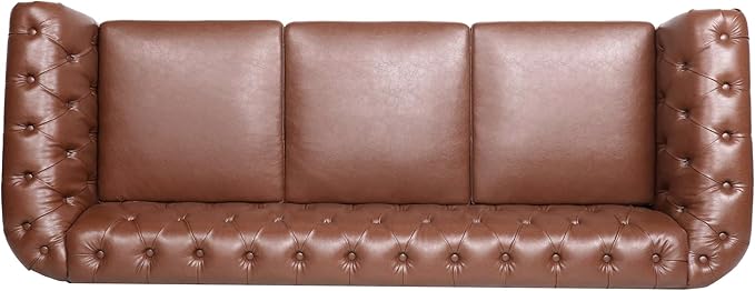 84.65''Chesterfield Sofa Mid Century Modern Tufted Sofas with Rolled Arms and Nailhead 3-Seat Upholstered Leather Sofa Couch with Solid Wood Legs for Living Room Office Brown PU