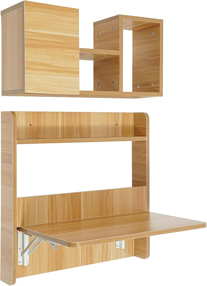 Wall Mounted Folding Table with BookshevesFloating Desk with BookcaseWooden Fold Down Laptop Table for Small SpaceHome Office BedroomStudy RoomDormWood Color