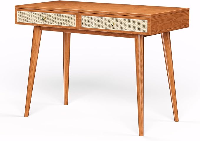 Mid-Century Modern Solid Wood Desk with Drawers – 45 inch Small Boho Rattan Writing Desk for Home Office Minimalist Design Natural Wood Legs Table for Workspace Elegance