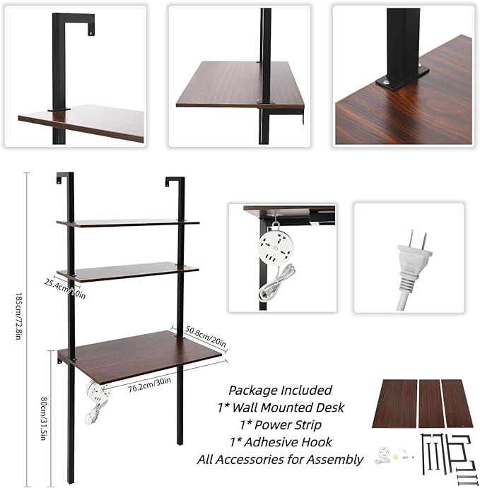 3 Tiers Wall Mount Desk Industrial Ladder Desk Computer Desk Writing Table with Bookshelf Floating Pipe Table with Power Strip for Home Office Dormitories Brown