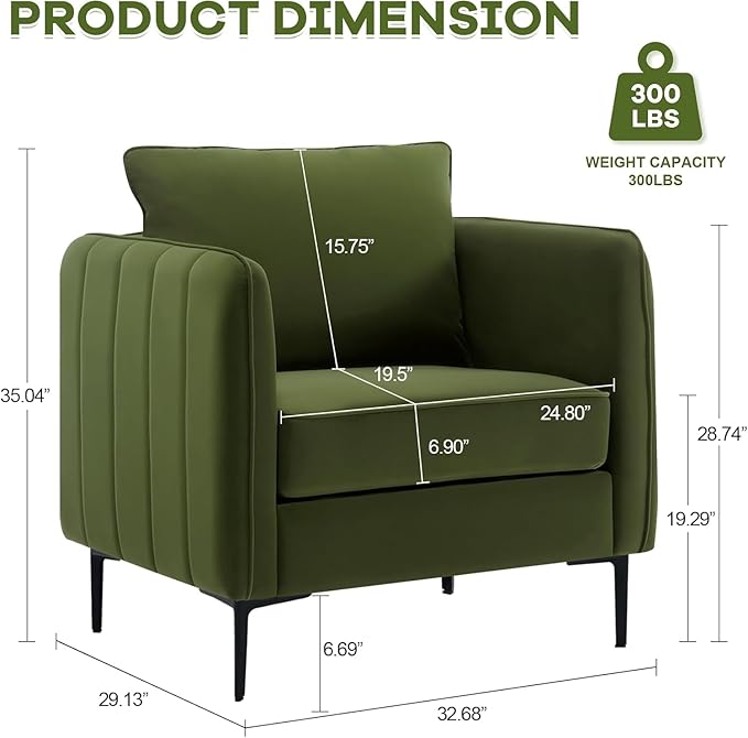 Mid-Century Modern Velvet Accent Chair - Plush Upholstered Armchair with Metal Legs 300lb Capacity Comfy Reading Chair for Living Room Bedroom or Office (Green)