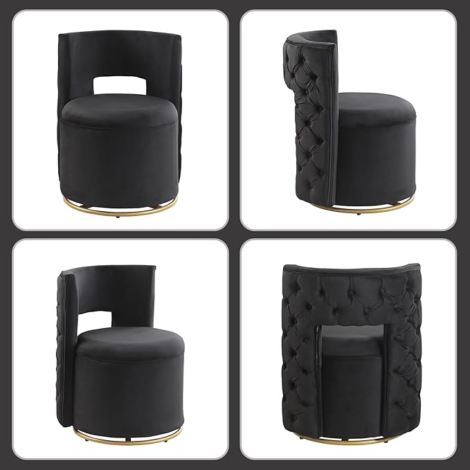 Swivel Chair with Storage for Living Room Round Velvet Vanity Chair with Tufted Button Back Pillow Included (Black)
