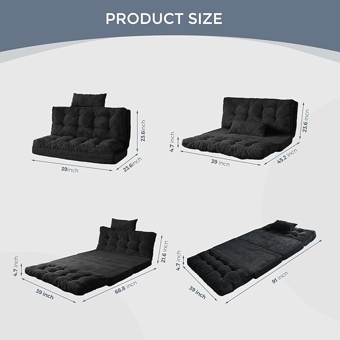 MAXYOYO Folding Sofa Bed Tufted Bean Bag Bed with Pillows Floor Mattress for Adults Extra Thick and Long Floor Sofa Twin Couch for Bedroom Living Room Black 39x91 Inch